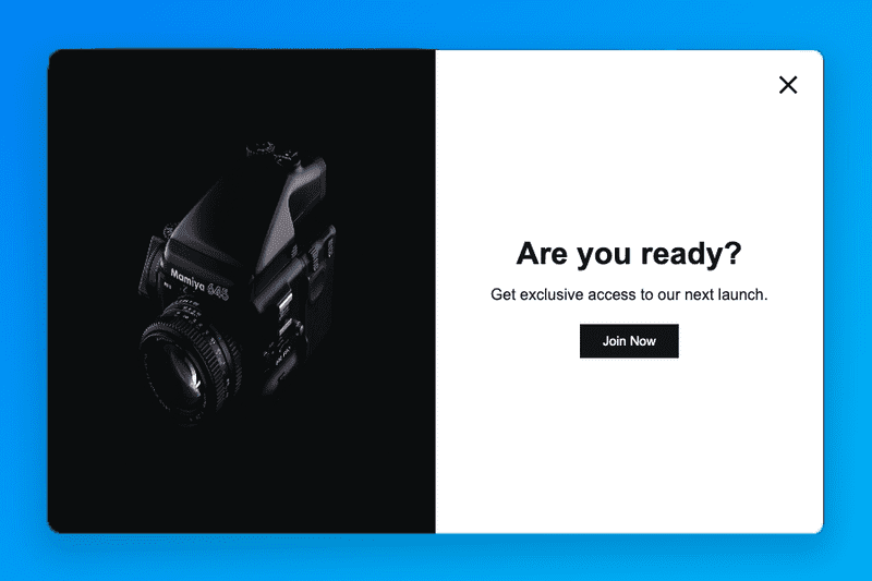 Picture of a popup modal with a black camera on the left and text on the right