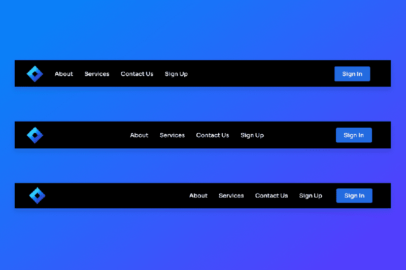 Picture of three website navbars that have a dark background and blue button