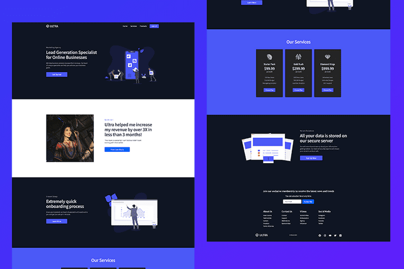 Picture of a React website design with purple and dark blue colors